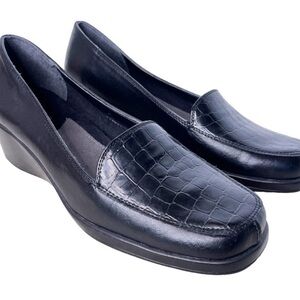 Black Women's Loafers - slip on wedge heal crocodile imprinted.